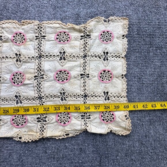 VTG Hand-Crocheted Lace‎ Table Runner With Pink Floral Accents 12" X 40" Boho - Picture 6 of 12